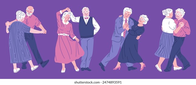 Parejas mayores bailando alegremente juntas, set de Ilustración vectorial con posturas animadas y ropa elegante sobre un fondo púrpura.