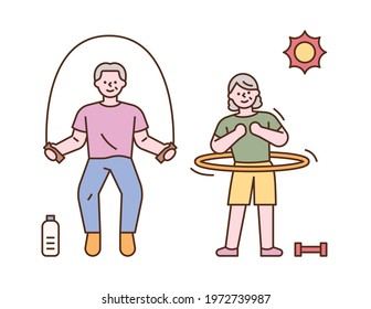 Senior couples are playing rope skipping and hula hoops together. flat design style minimal vector illustration.