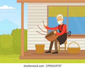 Ilustración de vectores de artesanos superiores tejiendo cestas