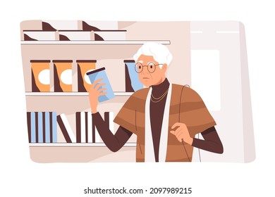 Senior customer choosing groceries in food supermarket. Elderly woman studying product composition. Consumer doing shopping, making purchases in store. Flat vector illustration of buyer in hypermarket