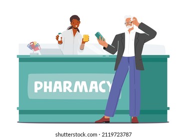 Senior Customer Purchase Medicament in Drugstore. Old Man Buy Drug at Pharmacy. Character Holding Medicine Package in Hands, Reading Label at Counter Desk. Cartoon People Vector Illustration