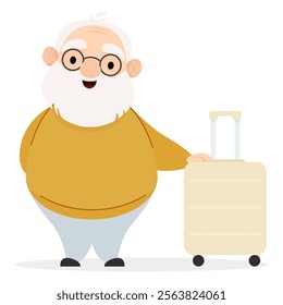 Senior cute cartoon character elderly man with suitcase for travel