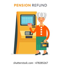 The senior cute and funny woman character standing near the ATM and holding payment card. Vector flat design illustration. Good concept for retirement program or seniors financial education.