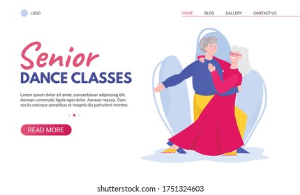 Senior dance classes ad banner with happy old couple ballroom dancing together - cartoon elderly people dance school website landing page template. Vector illustration.