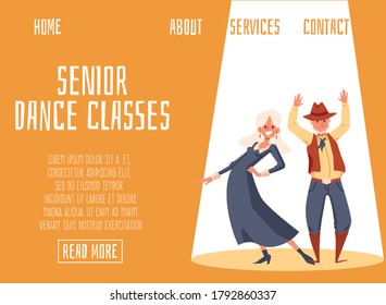 Senior dance classes website banner mockup with characters of elderly couple dancing, flat vector illustration. Leisure activity and sport for older people.