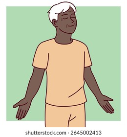 Senior dark-skinned man with gray hair stands with eyes closed and arms relaxed, focusing on calm breathing and emotional balance