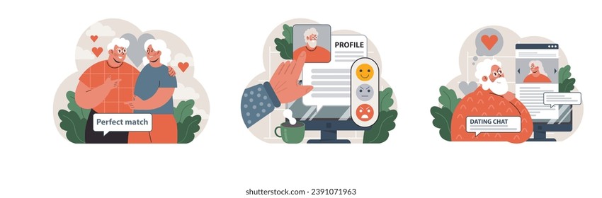 Senior dating set. Elderly couple finds love, creating online profiles, expressing emotions, and engaging in digital conversation. Perfect match, user rating, dating chat interaction. Flat vector