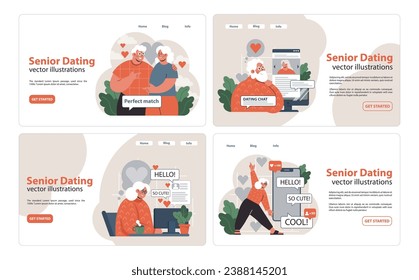 Senior Dating set. Elderly couples find love online, chat moments and heartwarming encounters. Perfect match, online chat, sweet greetings, joyful expressions. Flat vector illustration.