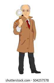 Senior detective exploring through magnifying glass isolated on white background
