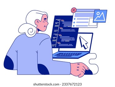 Senior developer. Old woman programming and coding. Developing and maintaining website and app. Oldster IT specialist working in server and data processing centers. Flat vector illustration