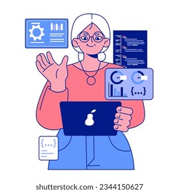Senior developer. Old woman programming and coding. Developing and maintaining website and app. Oldster IT specialist working in server and data processing centers. Flat vector illustration
