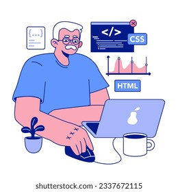 Senior developer. Oldman programming and coding. Developing and maintaining website and app. Oldster IT specialist working in server and data processing centers. Flat vector illustration