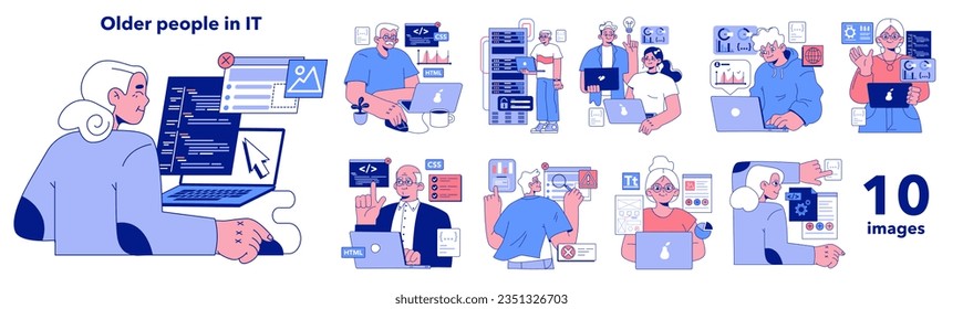 Senior Developer Set. Alte Leute programmieren und programmieren. Entwicklung und Pflege von Website und App. Unsere IT-Spezialisten arbeiten in Server- und Rechenzentren. Flache Vektorgrafik