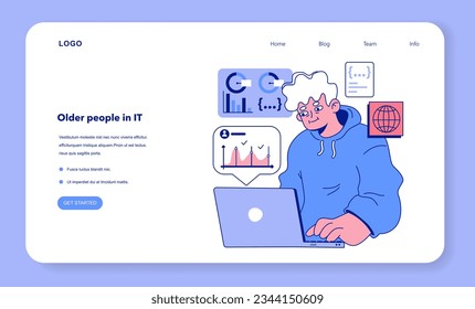 Senior developer web banner or landing page. Oldman programming and coding. Developing and maintaining website or app. Oldster IT specialist working in data processing center. Flat vector illustration