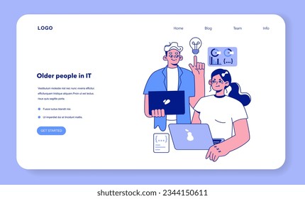 Senior developer web banner or landing page. Oldman helping a young co-worker or junior. Developing and maintaining website or app. Oldster IT specialist. Flat vector illustration