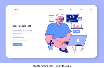 Senior developer web banner or landing page. Oldman programming and coding. Developing and maintaining website or app. Oldster IT specialist working in data processing center. Flat vector illustration