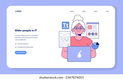 Senior developer web banner or landing page. Old woman programming and coding. Developing and maintaining website or app. IT specialist working in data processing centers. Flat vector illustration