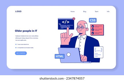 Senior developer web banner or landing page. Oldman programming and coding. Developing and maintaining website or app. Oldster IT specialist working in data processing center. Flat vector illustration