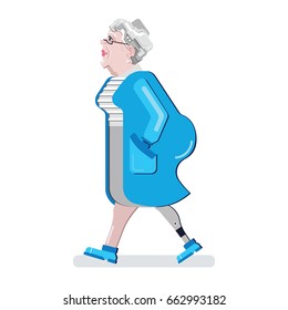 Senior disabled. Artificial limb. Prosthetic leg. Take care for elderly woman. Invalid person. Cartoon character vector illustration. Old woman in blue bathrobe