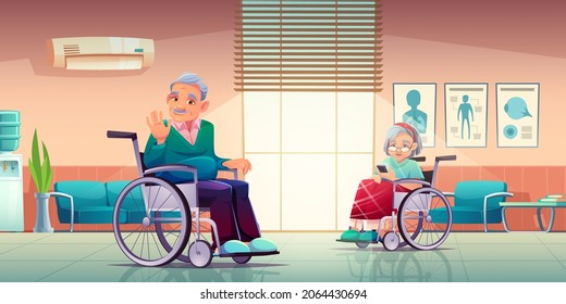 Senior Disabled Man And Woman On Wheelchair In Nursing Home Or Hospital. Old Lady Wrapped In Plaid Use Phone, Grey Haired Pensioner Waving Hand, Helping To Elderly People Cartoon Vector Illustration