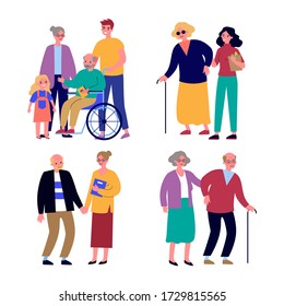 Equipo de apoyo para personas mayores y con discapacidad. Hombres y mujeres ayudando a parientes discapacitados ilustraciones planas de vectores. Discapacidad, asistencia, concepto familiar para banner, diseño de sitios web o página web de aterrizaje