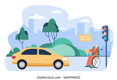 Senior disabled woman asking for donation outside. Person in wheelchair, car, street flat vector illustration. Charity, beggary, disability concept for banner, website design or landing web page