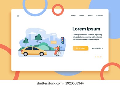 Senior disabled woman asking for donation outside. Person in wheelchair, car, street flat vector illustration. Charity, beggary, disability concept for banner, website design or landing web page