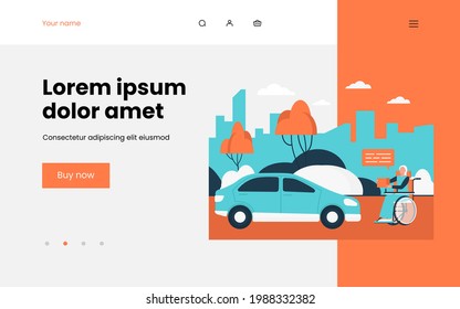 Senior disabled woman asking for donation outside. Person in wheelchair, car, street flat vector illustration. Charity, beggary, disability concept for banner, website design or landing web page