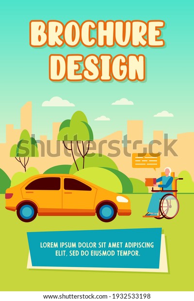 Senior disabled woman asking for donation outside.\
Person in wheelchair, car, street flat vector illustration.\
Charity, beggary, disability concept for banner, website design or\
landing web page