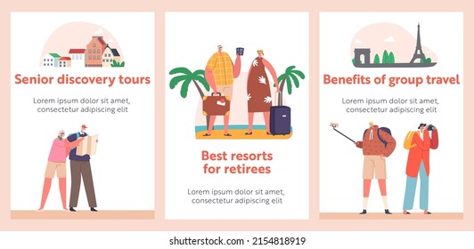 Senior Discovery Tours Banners. Aged Tourists in Foreign City with Map, Making Selfie. Old Characters Travelers Traveling Abroad. Active Pensioners Trip, Voyage. Cartoon People Vector Illustration