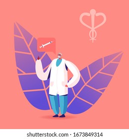 Senior Doctor Character Give Professional Advice to Make Vaccination against Chickenpox, Flue and other Diseases. Preventive Medicine, Immunization and Vaccination Concept. Cartoon Vector Illustration