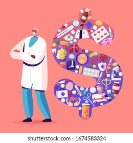 Senior Doctor Character Wearing White Robe Stand with Crossed Arms near Huge Dollar Sign Made of Medical Stuff, Drugs and Items. Medicine Price and Service Cost Concept. Cartoon Vector Illustration