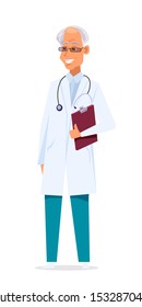 Senior doctor flat vector illustration. Smiling therapist, physician in uniform with stethoscope cartoon character. Medical professional isolated on white background. Healthcare service concept