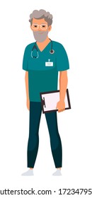 Senior doctor flat vector illustration. Therapist, physician in uniform with stethoscope and clipboard cartoon character. Medical professional isolated on white background. Healthcare service
