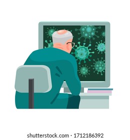 Senior doctor looking at computer screen with microscope image of coronavirus. Cartoon vector illustration.