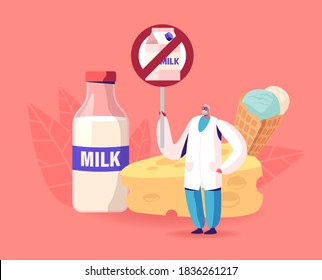 Senior Doctor Male Character Holding Restriction Banner with Crossed Milk Package. Lactose Intolerance, Allergy on Dairy Products Concept. Tiny Medic with Huge Signboard. Cartoon Vector Illustration