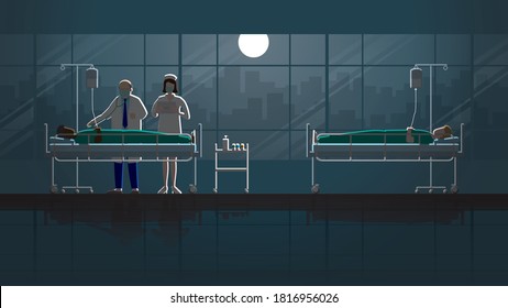 Senior doctor and nurse intend working check up sick patient sleep on bed in hospital. Night in dark and full moon light. Career lifestyle of work hard overtime overwork. Idea  medical concept scene.