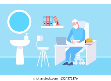 senior doctor sitting at table workplace using laptop and writing prescription modern clinic office interior medicine and healthcare concept full length flat horizontal