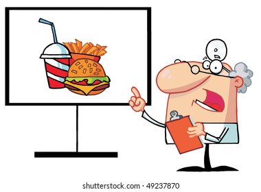 Senior Doctor Talking And Pointing To Fast Food On A Board