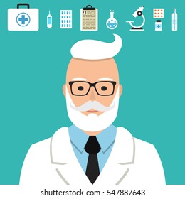 Senior doctor vector. Medical icons set for web and mobile application. Flat design style.