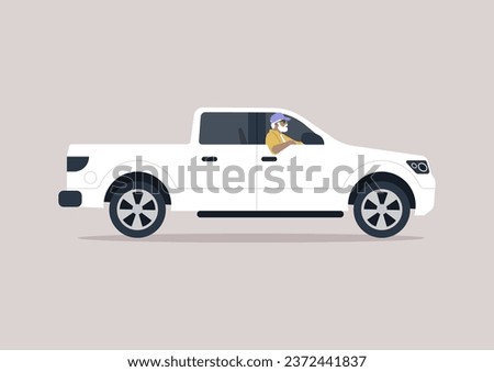 A senior driver in a pickup truck, casually steering with one arm hanging out of the window as they drive