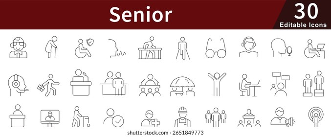 Conjunto de iconos de línea editables senior para servicios de Asistencia de cuidado, jubilación y envejecimiento de personas mayores
