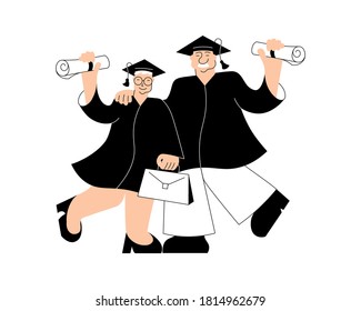 Senior Education Concept. Couple Of Elderly In Graduation Gown And Hat. Old People Graduate Isolated On White Background. Flat Art Vector Illustration