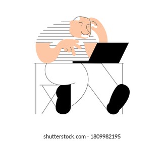 Senior education concept. Healthy active lifestyle retired for grandparents. Elderly man character learns online with laptop isolated on white background. Flat Art Vector Illustration