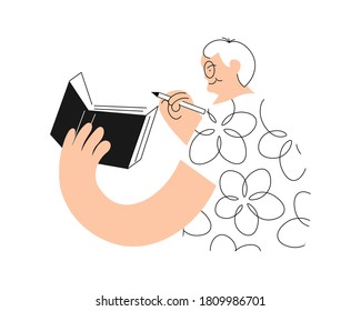Senior education concept. Healthy active lifestyle retired for grandparents. Elderly woman character learns with textbook in her hand isolated on white background. Flat Art Vector Illustration