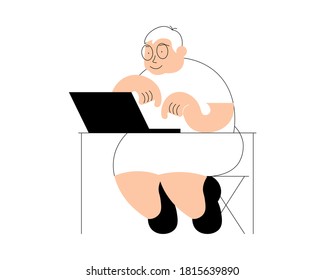 Senior education concept. Healthy active lifestyle retired for grandparents. Elderly woman character learns online with laptop isolated on white background. Flat Art Vector Illustration