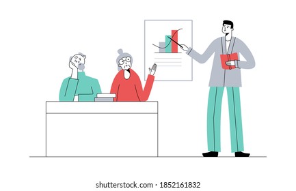 Senior education. Elderly people on lesson or courses in college or university. Teacher at blackboard asks elderly woman with raised hand. Vector flat illustration.