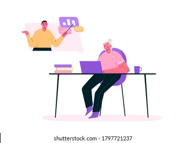 Senior education online. E-learning for old people. Senior woman studying, watching online courses on laptop, getting academic degree. Webinar, internet seminar. Vector isolated flat illustration.