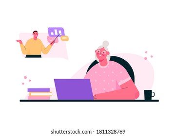Senior education online. E-learning for old people. Senior woman studying, watching online courses on laptop, getting academic degree. Webinar, internet seminar. Vector isolated flat illustration.