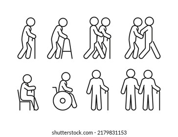 Senior elder people line icon set. Old persons with stick and handicap. Linear symbol. Disabled care, help volunteer. Vector outline sign